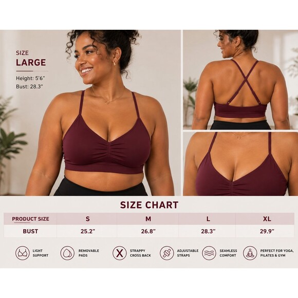 Unbranded Other - Women's Ruched Sports Bra Strappy Cross Back Padded V-Neck Yoga Workout Bra